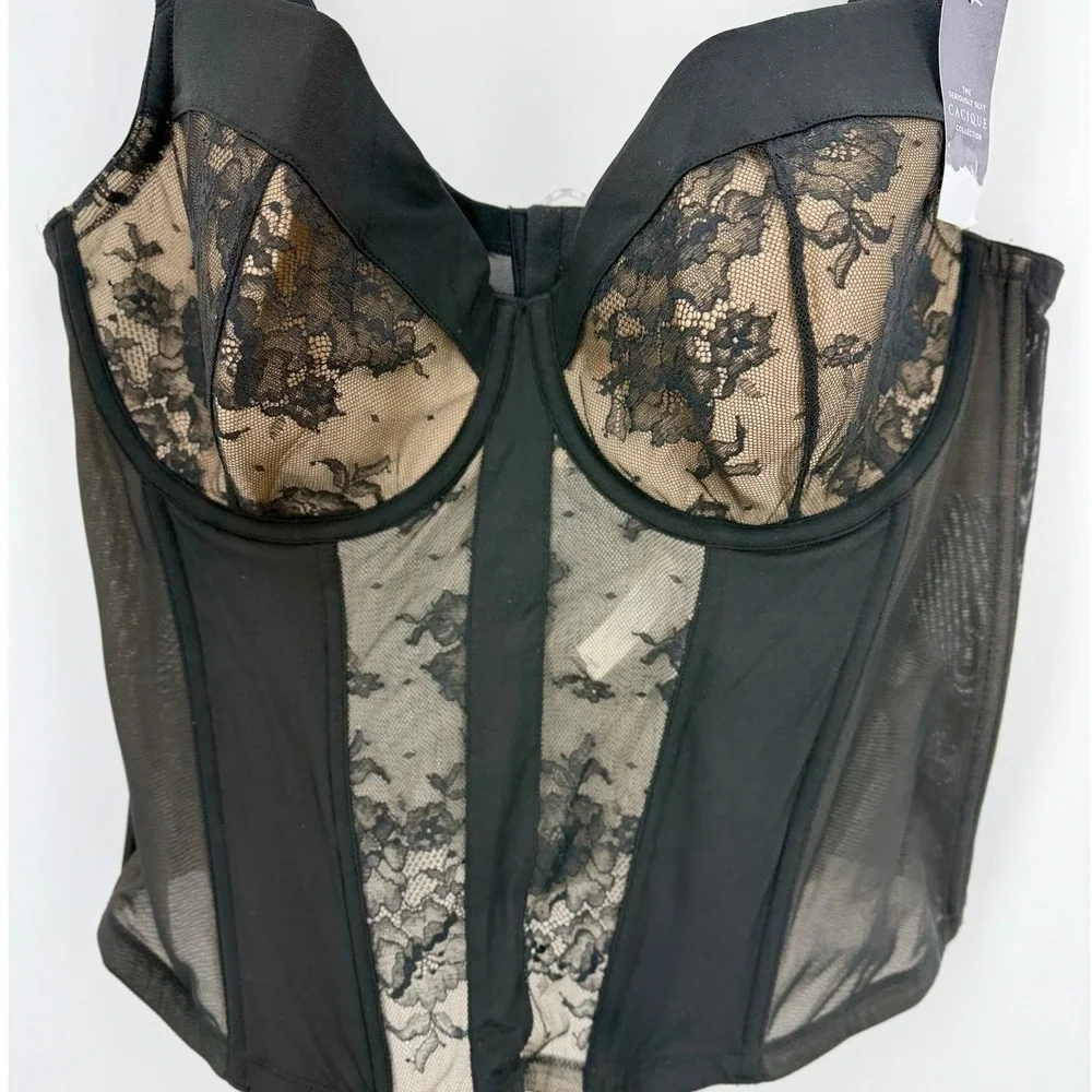 Cacique Black Lace Corset 42DD Underwire Sheer Dark Coquette Whimsigoth  NEW‎ - Picture 9 of 10